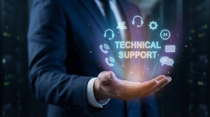 a businessman in a suit presenting glowing icons representing technical support assistance and digital solutions with servers in the blurred background high quality