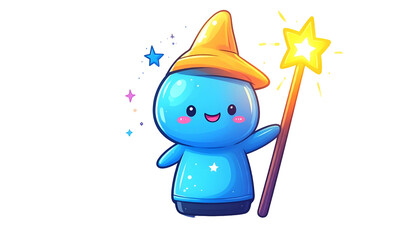Adorable blue creature in wizard attire, holding star-topped wand, surrounded by stars
