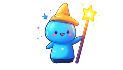 Adorable blue creature in wizard attire, holding star-topped wand, surrounded by stars