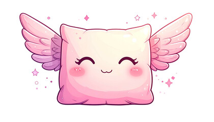 A smiling, pastel pink pillow with wings and rosy cheeks, sparkles around it on black