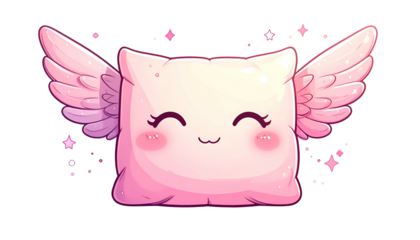A smiling, pastel pink pillow with wings and rosy cheeks, sparkles around it on black