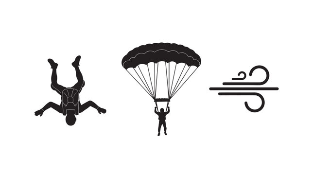 Parachutist in free fall with open parachute in windy conditions in silhouette style for adventure sports