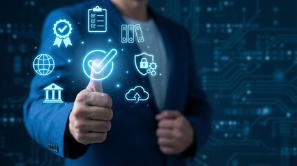 A businessman interacts with glowing digital icons representing data security compliance and technological advancements in a futuristic interconnected network environment high quality professional