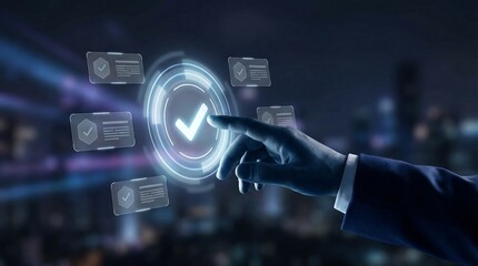A person in a suit interacts with a glowing blue digital interface displaying checkmark icons representing validation and digital security concepts in a
