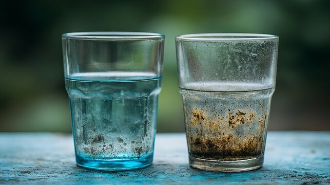 Two Glasses of Water, One Clean and One Contaminated on Blue Surface