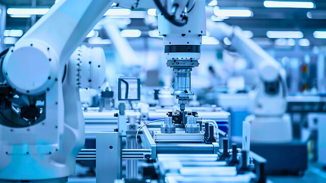 Title:
Industrial Robotic Arm Working on Automated Assembly Line in Modern Smart Factory Manufacturing Facility