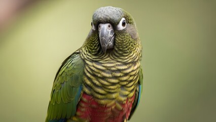Obraz premium Vibrant green and yellow parrot with red feathers looking directly
