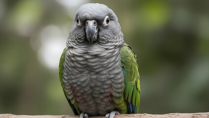 Obraz premium Vibrant gray and green parrot perched on wooden branch outdoors