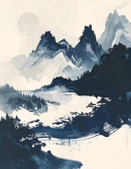 Traditional Chinese Ink Painting Mountain Landscape.