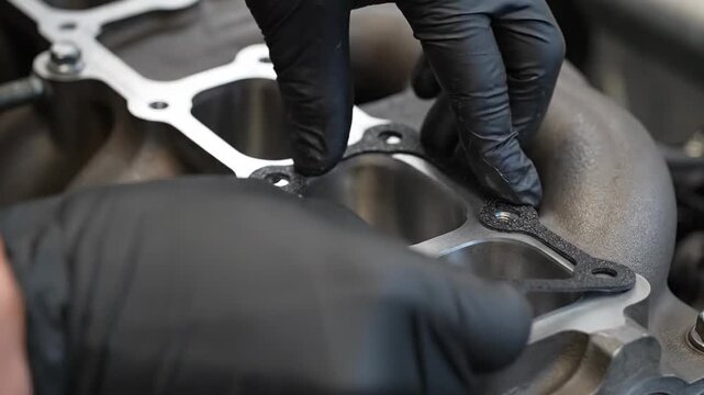 Mechanic's hands wearing black gloves carefully fitting a manifold gasket onto an engine component during automotive repair.