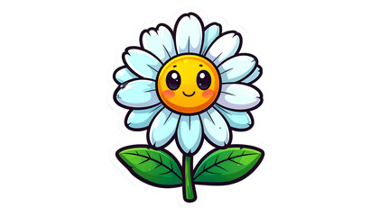 A smiling cartoon daisy with white petals, a yellow center, and green leaves