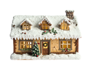 Illuminated snow-dusted cottage with festive greenery