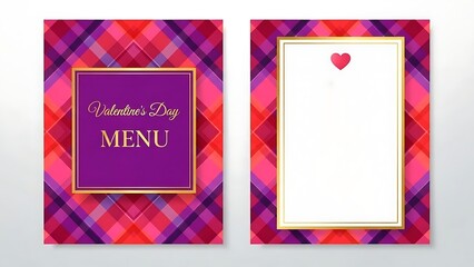 Valentine's Day menu template with a vibrant plaid background, gold frame, and a single red heart, ideal for restaurants or events.