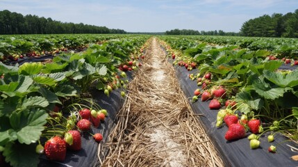 Lush strawberries growing in verdant field on bright day.