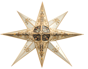 Ornate, eight-pointed star ornament with intricate gilded details