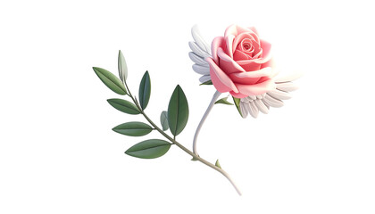A pink rose with white wings and a leafy stem, set against a black background