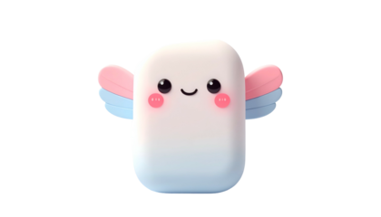 3D-rendered, soft, pastel-colored cartoon character with smiling face, wings, and cute cheeks