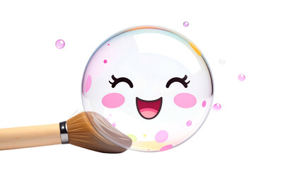 A cheerful, cartoon bubble with a face is painted with a brush, with smaller bubbles around
