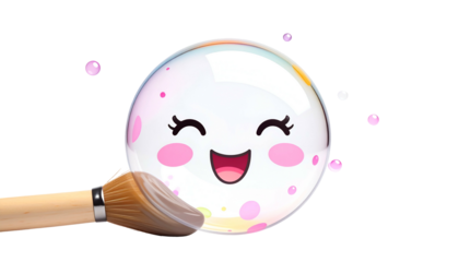 A cheerful, cartoon bubble with a face is painted with a brush, with smaller bubbles around
