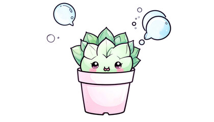 Adorable cartoon succulent with big eyes, in a pink pot, and thought bubbles