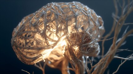 Human brain made of woven tree branches glowing from inside 