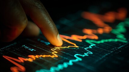 Finger tracing colorful stock market graphs on digital screen