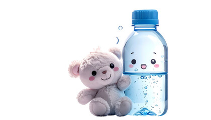 Adorable stuffed bear hugging a water bottle with a cute face. Clear background
