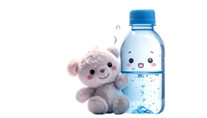 Adorable stuffed bear hugging a water bottle with a cute face. Clear background