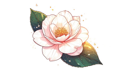 Digital illustration of a blooming white flower with pink accents and green leaves