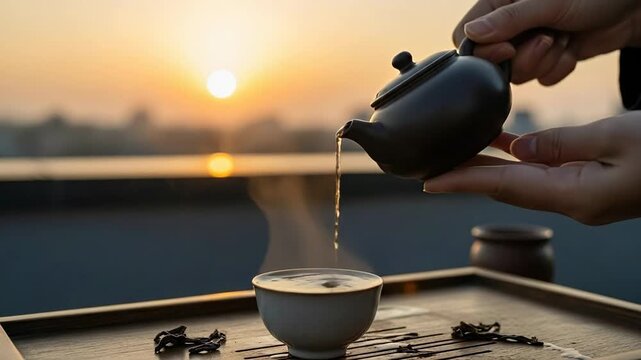 Pouring Hot Tea into a Cup at Sunset.