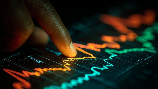 Finger tracing colorful stock market graphs on digital screen - Powered by Adobe