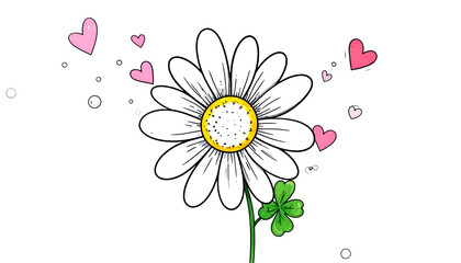 A large daisy with white petals, yellow center, pink hearts, and a clover