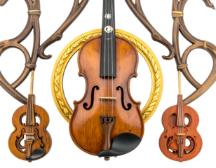 Ornate gold frame surrounds an antique violin and miniatures