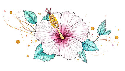 A vibrant, detailed illustration of a hibiscus flower with leaves and golden accents