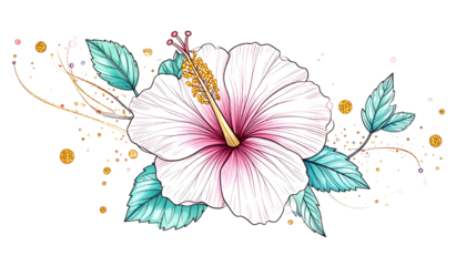 A vibrant, detailed illustration of a hibiscus flower with leaves and golden accents