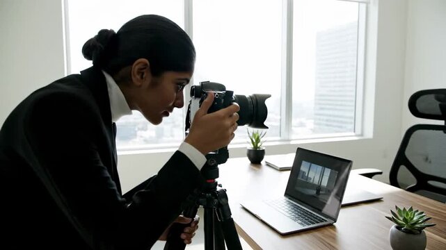 Professional Photographer Setting Up Camera Equipment in Modern Office.