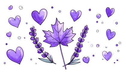 Purple hearts, leaf, lavender, and scattered dots on a black background