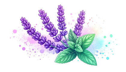 Watercolor illustration of lavender and mint sprigs with a colorful paint splash