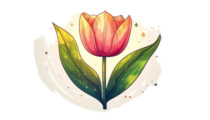 Stylized illustration of a tulip flower with green leaves, soft colors, and a whimsical feel