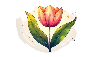 Stylized illustration of a tulip flower with green leaves, soft colors, and a whimsical feel