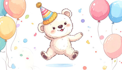 Whimsical illustration of a joyful polar bear wearing a party hat, surrounded by balloons and confetti