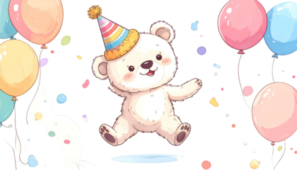 Whimsical illustration of a joyful polar bear wearing a party hat, surrounded by balloons and confetti