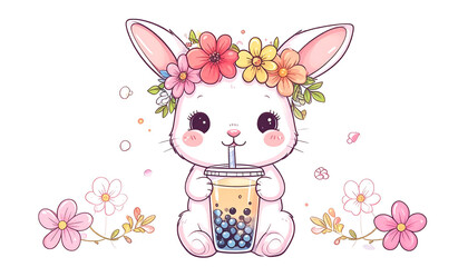 Cute cartoon bunny with flower crown sipping bubble tea. Floral accents and dreamy style
