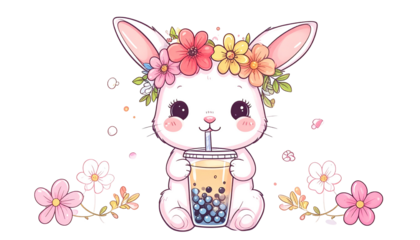 Cute cartoon bunny with flower crown sipping bubble tea. Floral accents and dreamy style
