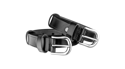 Studio photo of a black leather belt with metal buckle, isolated on white background. Perfect for online stores, product catalogs, and fashion accessories.