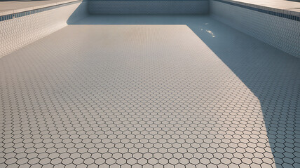 Empty swimming pool with hexagonal tile pattern and light blue water
