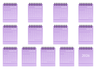 Purple desktop calendar template featuring clean grid layout, spiral-bound planner mockup with monthly pages for 2026 organization