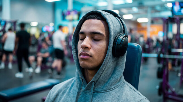 Young focused athlete in grey hoodie listening to music with headphones and eyes closed at a busy gym fitness center - Powered by Adobe
