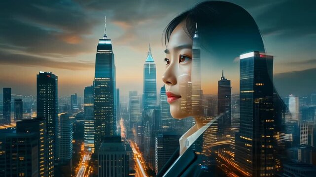 都市に重なる経営者の存在感を示す二重露光アート