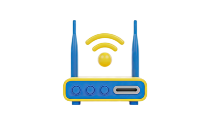 3D Render of a Blue and Yellow Wi-Fi Router with Antennas